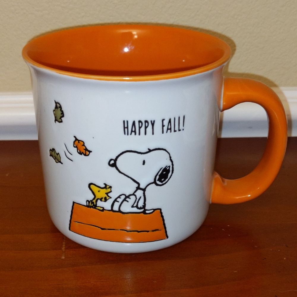 Snoopy Woodstock Happy Fall Autumn Leaves Sturdy Coffee Mug Large Ceramic Orange